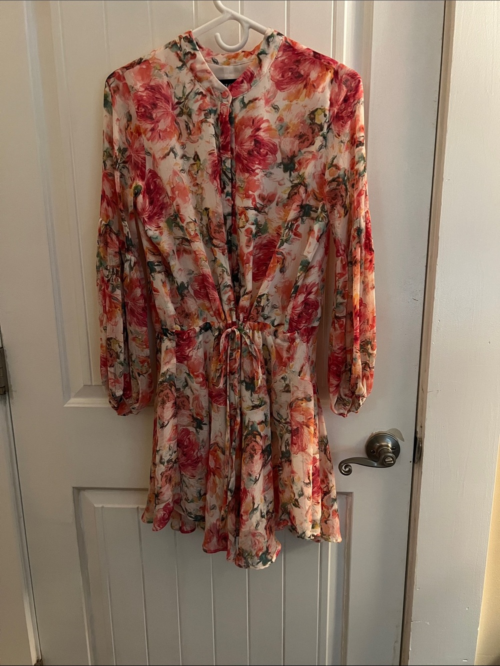 Vici Floral Tie-Waist Long-Sleeve Mini Dress - Pink & Green